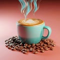 A Cup of coffee with steam, art, and coffee beans on a pink background. Royalty Free Stock Photo