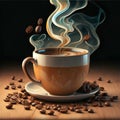 A Cup of coffee with steam and coffee beans on a dark background. Royalty Free Stock Photo