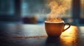 A cup of coffee with steam coming out on a table, AI Royalty Free Stock Photo