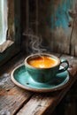 Cup of coffee with steam coming out on wooden table. Generative AI Royalty Free Stock Photo
