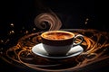 Cup of coffee with steam on dark background. 3d rendering, Unveil the allure of coffee or tea through macro photography. capture