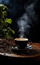 A cup of coffee with steam rising out of it. Coffee wallpaper with steaming coffee beans Royalty Free Stock Photo