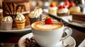 A cup of coffee with a strawberry on top sits on a saucer. There are chocolate chips on a plate next to the coffee cup Royalty Free Stock Photo