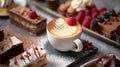 A cup of coffee with a strawberry on top sits on a saucer. There are chocolate chips on a plate next to the coffee cup Royalty Free Stock Photo