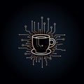 A cup of coffee stylized as a microcircuit on a dark background.