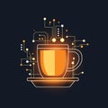 A cup of coffee stylized as a microcircuit on a dark background.