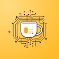 A cup of coffee stylized as a microcircuit on a yellow background. logo in minimalist style. Royalty Free Stock Photo