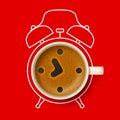 Cup of coffee with stylized clock face and silhouette of alarm clock