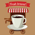 A cup of coffee stylized street cafe on wheels