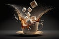 A cup of coffee with sugar cubes falling into it causing a splash. Strengthening drink illustration. Too much unhealthy sugar.