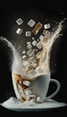 A cup of coffee with sugar cubes falling into it causing a splash. Strengthening drink illustration. Too much unhealthy sugar.