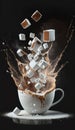 A cup of coffee with sugar cubes falling into it causing a splash. Strengthening drink illustration. Too much unhealthy sugar.