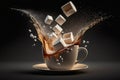 A cup of coffee with sugar cubes falling into it causing a splash. Strengthening drink illustration. Too much unhealthy sugar.