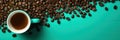 A cup of coffee surrounded by beans on a turquoise background, AI Royalty Free Stock Photo