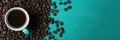A cup of coffee is surrounded by beans on a turquoise background, AI Royalty Free Stock Photo