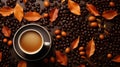 A cup of coffee surrounded by coffee beans and leaves. Generative AI image. Royalty Free Stock Photo