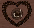 A cup of coffee surrounded by a heart of coffee beans