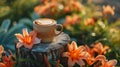 Cup of coffee surrounded by orange flowers. Generative AI Royalty Free Stock Photo