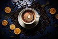 A cup of coffee surrounded by orange slices and coffee beans, AI Royalty Free Stock Photo