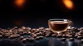 A cup of coffee surrounded by roasted beans on a table, AI Royalty Free Stock Photo