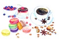 Cup of coffee, sweet dessert, colorful French macaron cakes, berries, nuts, coffee beans and star anise