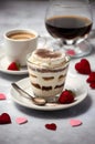 Clasic tiramisu dessert accompanied by espresso cup of coffee. Romant ambience, tasty treat Royalty Free Stock Photo