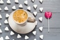 Cup coffee sweets heart shaped lollipop sugar cubes Royalty Free Stock Photo