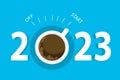 A cup of coffee and a switch. The symbol of the beginning of the new year 2023. Turn on start good day