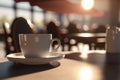 A cup of coffee on a table in a cafe, the sun is shining. AI generative