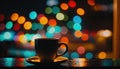 Cup of coffee on table with colorful sparkle lights, magical atmosphere in coffee house