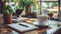 A cup of coffee on a table next to some notepads, AI