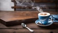 cup of coffee on table A rustic wood table with a coffee cup that has a heart shaped cream. The cup is white Royalty Free Stock Photo