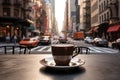 A cup of coffee on the table takes center stage against the city street. tourist in morning in outdoor cafe, breakfast