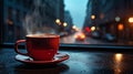 cup of coffee on table top in street cafe at night ,view on rainy city blurred light and houses