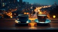 cup of coffee on window topin street cafe at night ,view on rainy city blurred light Royalty Free Stock Photo