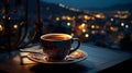 cup of coffee on window topin street cafe at night ,view on rainy city blurred light Royalty Free Stock Photo