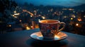 cup of coffee on window topin street cafe at night ,view on rainy city blurred light Royalty Free Stock Photo