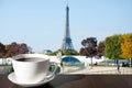 Cup of coffee on the table with view of Eiffel tower in autumn in Paris France