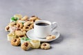 Cup of Coffee and Tasty Turkish Delight Oriental Dessert Lokum and Oriental Cookies Copy Space