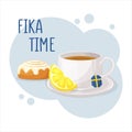 Cup of coffee or tea and Cinnamon roll. Coffee break fika concept. Isolated hand drawn vector illustration