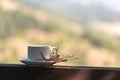 Cup of coffee or tea, dried flowers on wooden balcony railing, blurred nature autumn mountain in background. Coffee time Royalty Free Stock Photo