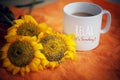 Cup Of Coffee Or Tea And Flowers Arrangement On Orange Background. With Self Reminder Text On White Mug - Relax. It Is Sunday.
