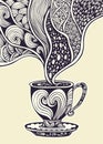 Cup of coffee or tea in Zen tangle Zen doodle style black and white