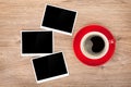 Cup of coffee and three photo frames Royalty Free Stock Photo