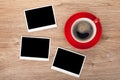 Cup of coffee and three photo frames Royalty Free Stock Photo