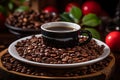 a cup of coffee on top of a plate of coffee beans Royalty Free Stock Photo