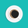 Cup coffee top view. Cup coffe. Flat illustration isolated on green background. Above mug with coffee. Icon of espresso,