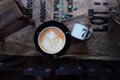 A cup of coffee on top view with vintage background