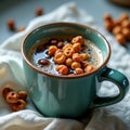 Cup of coffee topped with cereal rings on white cloth - breakfast blend Royalty Free Stock Photo