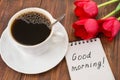 Cup of coffee, tulips and Good morning massage Royalty Free Stock Photo